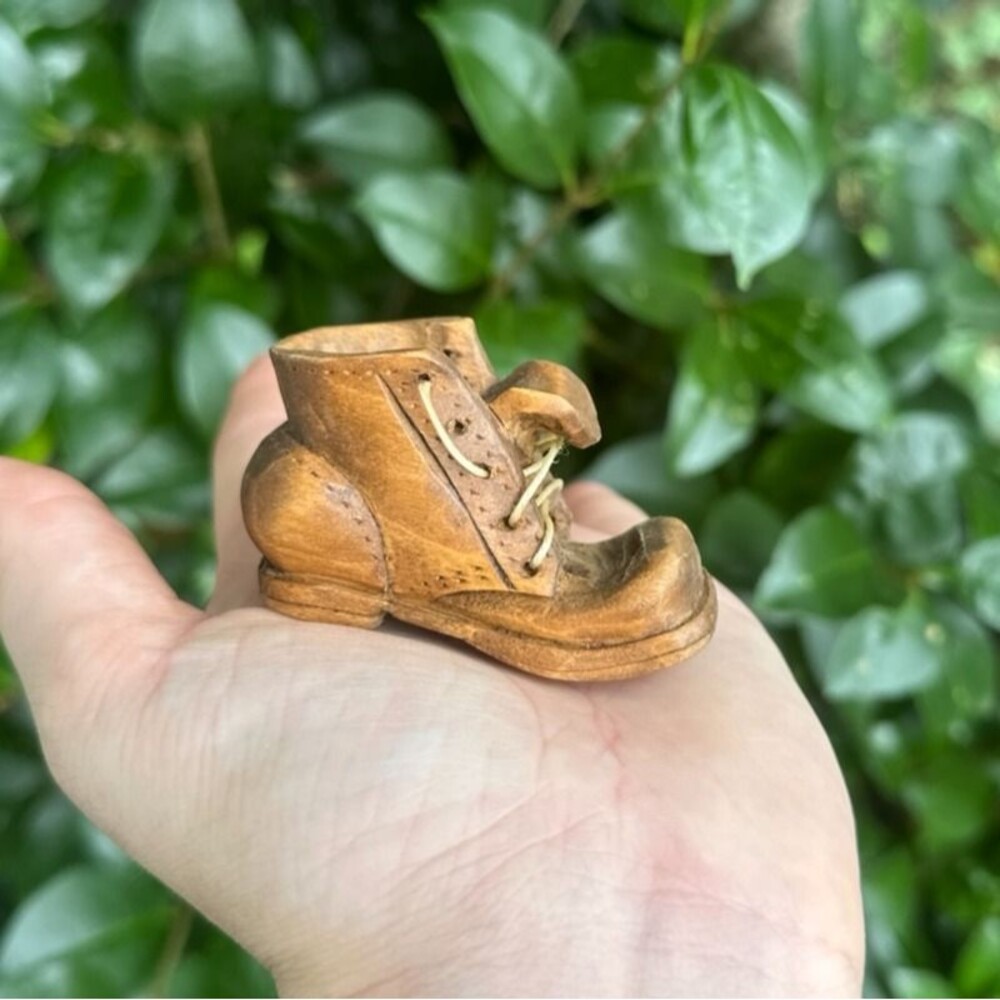 Hand Carved Wooden Boot Leather Lace Vintage 1980s Collectible Trinket
